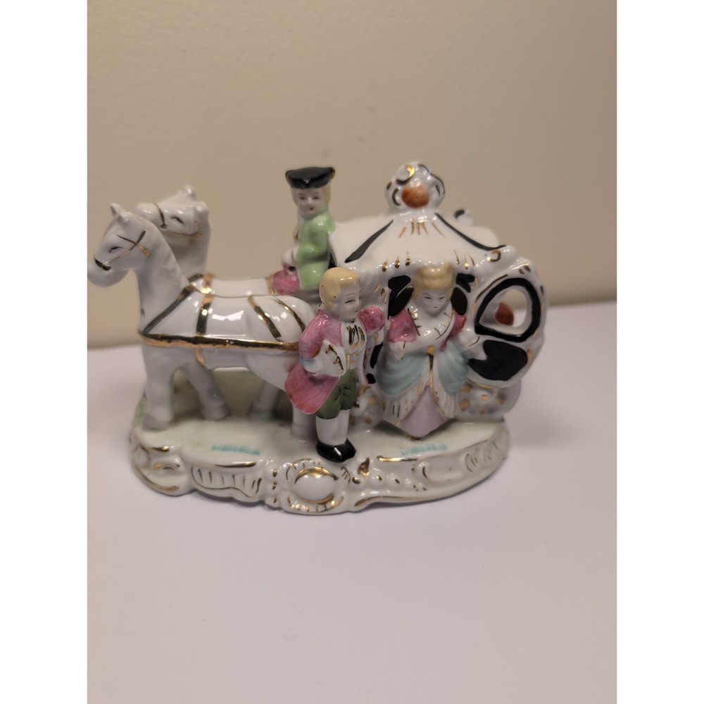 Vintage Porcelain Horse Drawn Carriage Figurine Victorian Couple Hand Painted 6"
